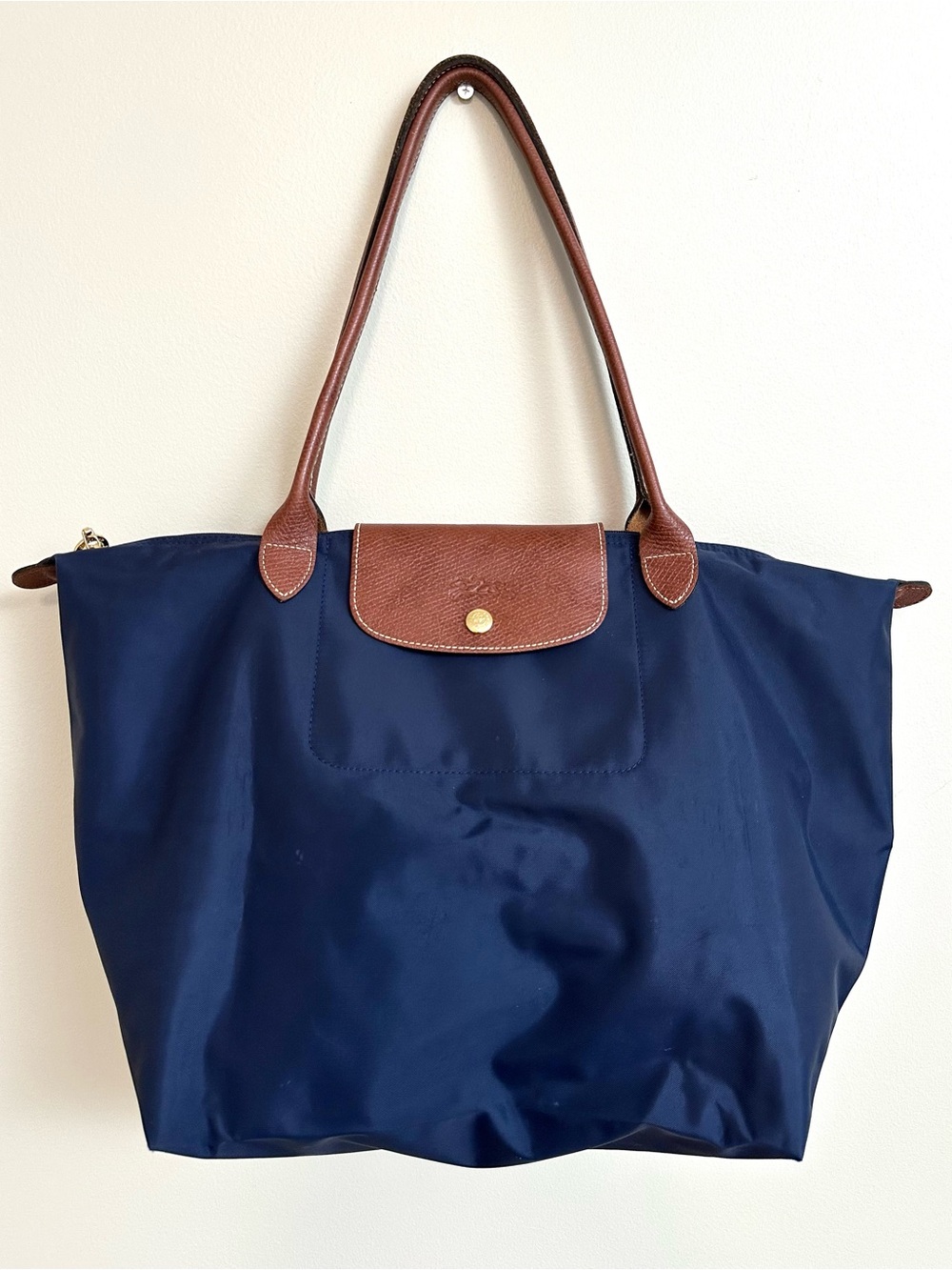 Longchamp Le Pliage Navy Nylon Large Shoulder Tote Bag Brown Leather 1948